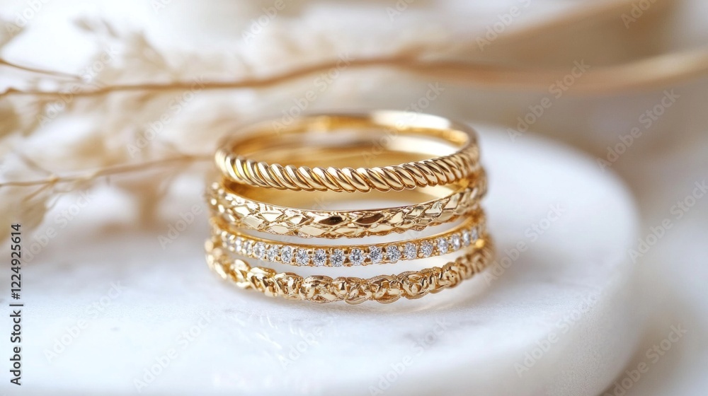 Stack of golden rings with different textures and designs placed on marble surface Stack of golden rings with different textures and designs placed on marble surface