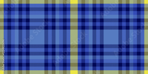 Vibrant blue and yellow plaid pattern. Seamless textile texture ideal for fashion, web design, and print projects.  Crisp, modern style, perfect for backgrounds or surface designs.