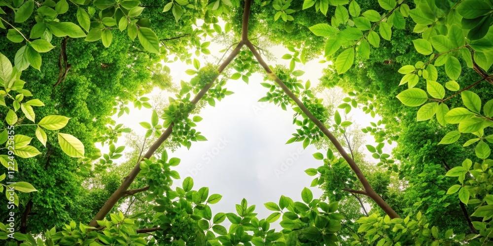 Fototapeta premium Corners with lush green leaves and branches forming a triangular shape in a forest area, plant life