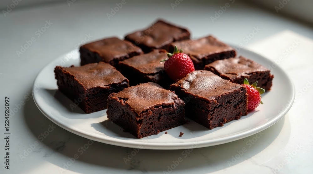 A plate of decadent chocolate brownies, rich and fudgy, adorned with fresh strawberries, bathed in sunlight. A plate of decadent chocolate brownies, rich and fudgy, adorned with fresh strawberries, bathed in sunlight.