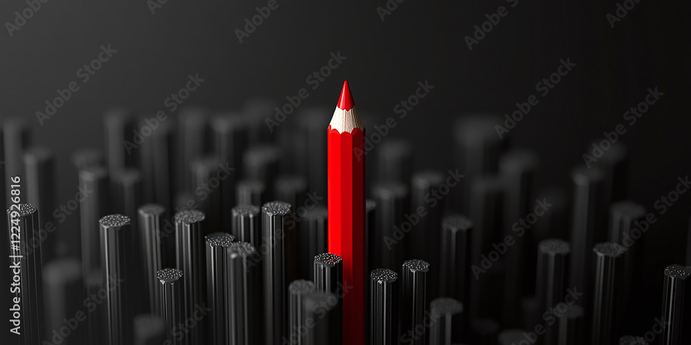 Concept of Thinking outside the box and standing out from the crowd. One red pencil between many gray and black pencils. Isolated on black background with copy space