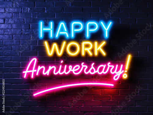 Bright neon work anniversary sign glowing against a dark blue brick wall. perfect for workplace appreciation visuals, corporate greetings, and digital party invites.