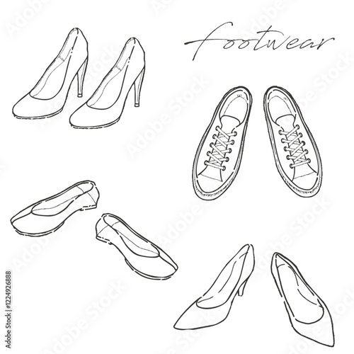 靴の手描き線画イラストセット
