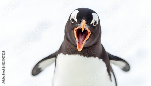 Close-up of a shocked and surprised penguin with a funny expression. Isolated on white background