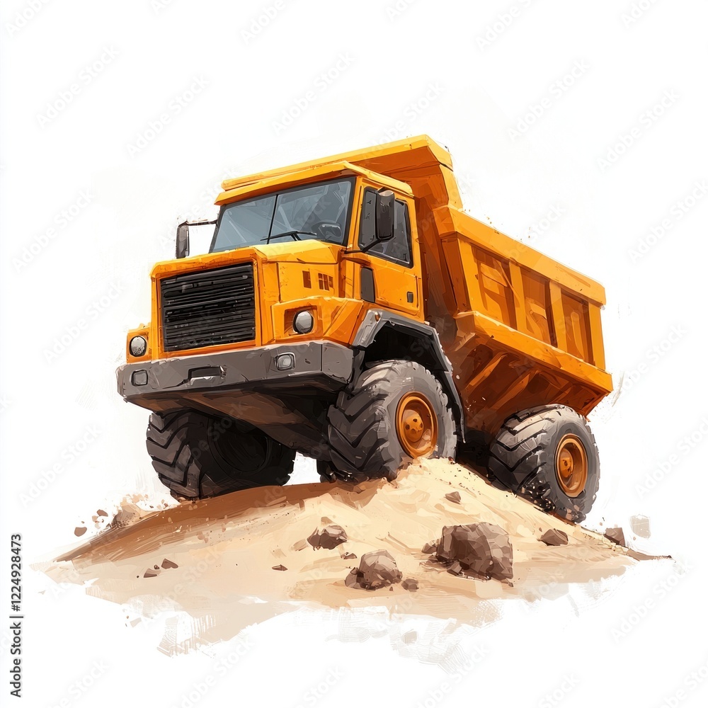 Fototapeta premium Dump Truck on a sand hill isolated on white background. Dump Truck icon. Heavy Machinery. Construction Vehicle on sand. Dump Truck Design Element. Sand Hill Dump Truck isolated.