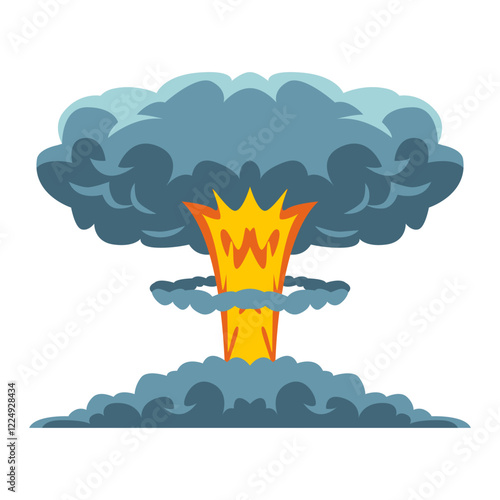 Cartoon illustration of a volcanic eruption with smoke and flames.