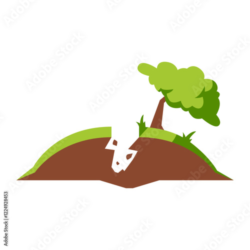 White rabbit falling down a hole in a cartoon landscape.