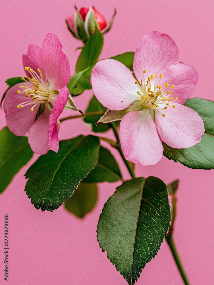 Rosehip sprig with pink flowers, buds and green leaves on a pink background. Spring wild flower close up. Rosehip sprig with pink flowers, buds and green leaves on a pink background. Spring wild flower close up.