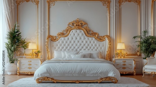 Elegant Bedroom Featuring a Plush Bed with a Luxurious White and Gold Headboard Surrounded by Soft Textiles and Ambient Lighting Creating a Cozy and Inviting Atmosphere for Relaxation