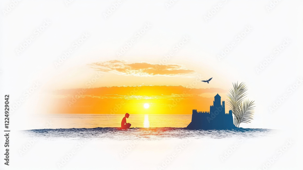 Fototapeta premium A Watercolor Silhouette of a Couple Building a Dream - Serene sunset, a couple's silhouette, a sandcastle, hope, and peaceful dreamscape. Symbolizing love, building a future, tranquility