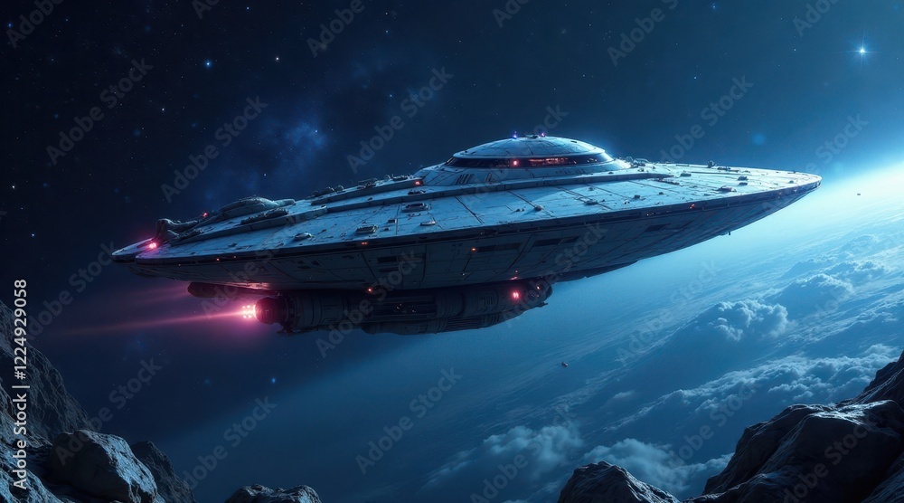 A Futuristic Spaceship Soars Through the Cosmos, Approaching a Distant Planet's Atmosphere, Leaving a Trail of Iridescent Light A Futuristic Spaceship Soars Through the Cosmos, Approaching a Distant Planet's Atmosphere, Leaving a Trail of Iridescent Light