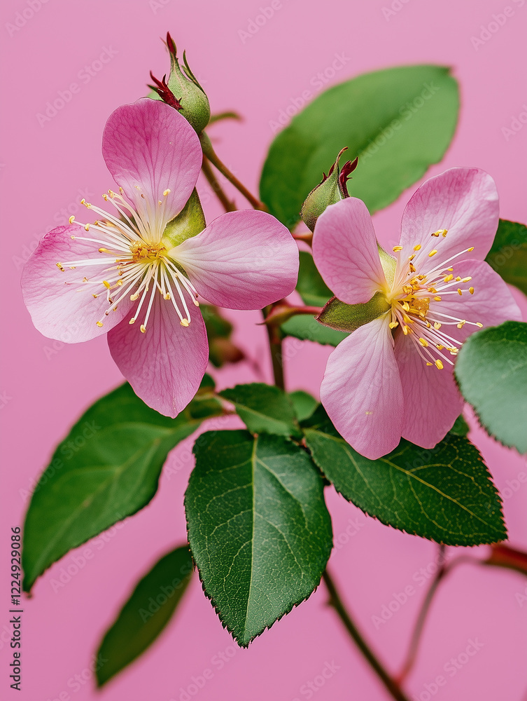Fototapeta premium Rosehip sprig with pink flowers, buds and green leaves on a pink background. Spring wild flower close up. 