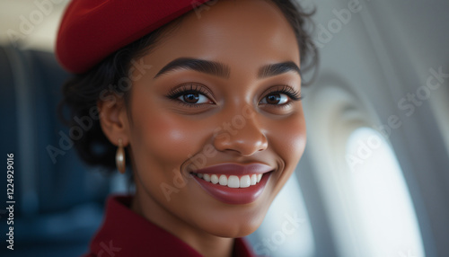 Afro-American flight attendant smiling warmly in uniform, representing airline hospitality photo