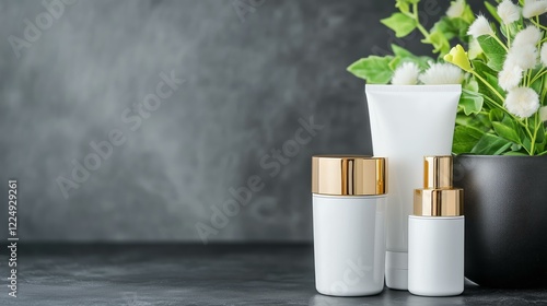 Wallpaper Mural Elegant skincare bottles with gold caps and greenery on modern gray background Torontodigital.ca