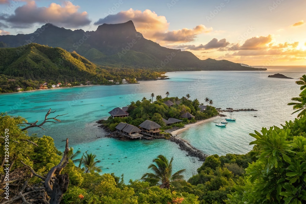 Obraz premium Silhouette of Idyllic Coastal Village at Sunset, Lush Island Paradise, Turquoise Waters