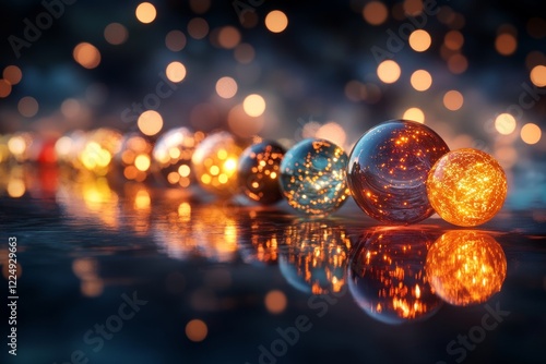 A fantastical depiction of magical orbs floating in consecutive order along a glowing path, each orb pulsing with a unique color and mysterious energy