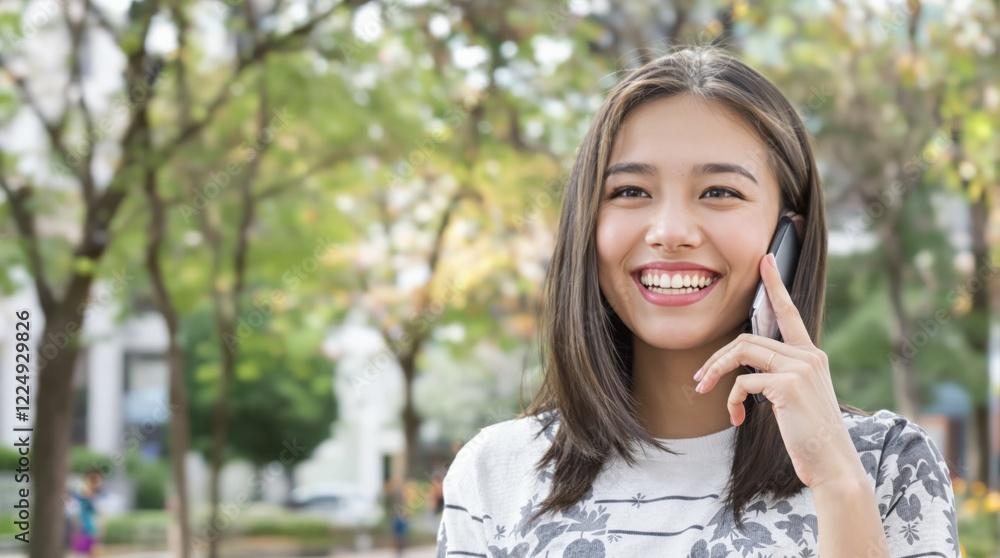 A cheerful woman chatting on her mobile phone, standing outdoors in a park with blurred green trees background. Concept of communication and joy. Ai generative. A cheerful woman chatting on her mobile phone, standing outdoors in a park with blurred green trees background. Concept of communication and joy. Ai generative.