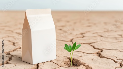 Sustainable packaging and growth concept: plant emerging from cracked earth next to carton
