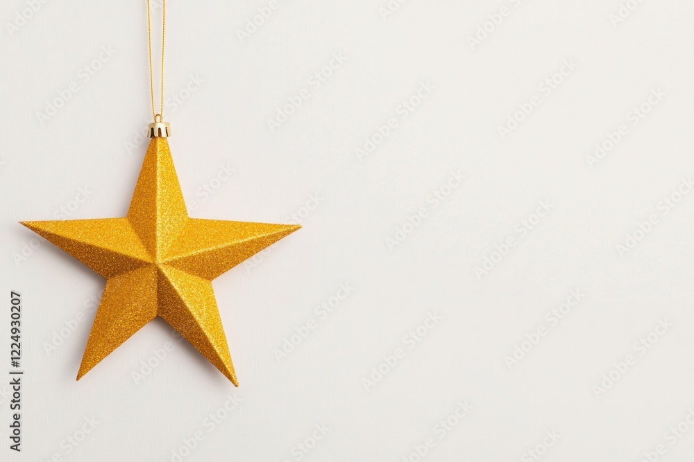 Golden star ornament hanging on a plain background, perfect for Christmas decoration and festive themes, symbolizing celebration and joy Golden star ornament hanging on a plain background, perfect for Christmas decoration and festive themes, symbolizing celebration and joy
