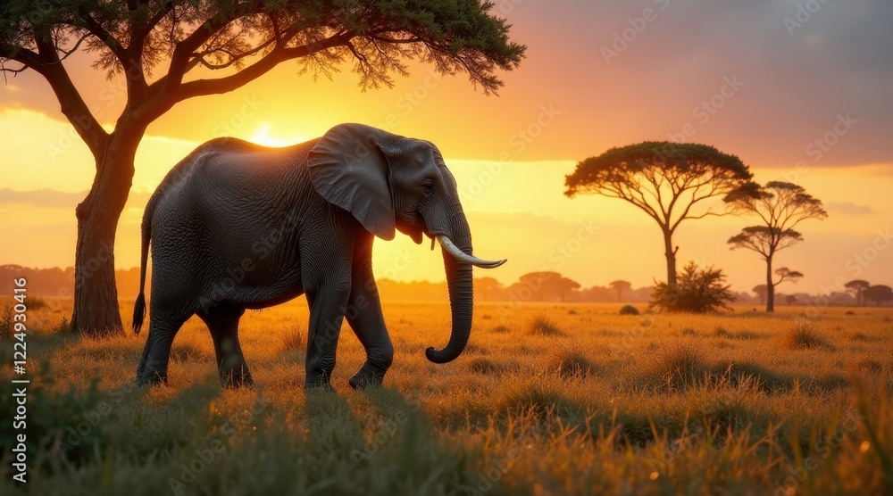 Fototapeta premium Majestic Elephant Silhouette at Sunset in African Savanna, Walking Towards a Golden Horizon