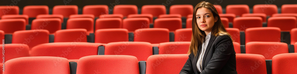 Obraz premium Woman seated in a theater with empty red seats around her