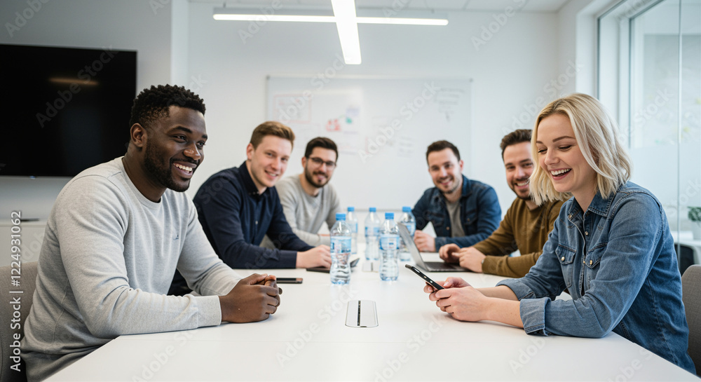 Business meeting with diverse group discussing ideas and collaborating in modern office Business meeting with diverse group discussing ideas and collaborating in modern office