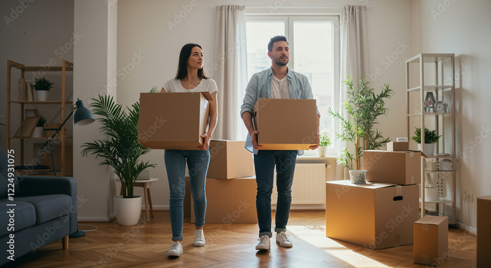 Moving boxes couple carrying in new home with plants and furniture Moving boxes couple carrying in new home with plants and furniture