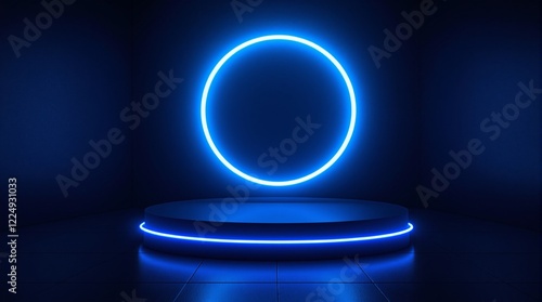 Illuminated stage with a glowing blue neon circle and platform in a dark minimalistic space. Concept of futuristic display for branding or presentation. Ai generative