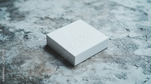 A crisp white box sits squarely on a mottled grey surface creating a simple product shot photo