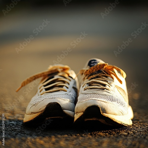 Pair of worn athletic shoes on pavement close up at sunset casting a golden light photo