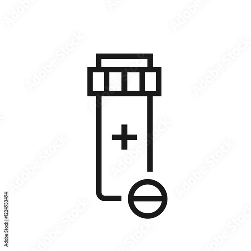 Prescription medicine bottle icon with a cross sign and a round pill. Plastic container outline pictogram. For web page, drugstore logo, mobile interface.  Vector illustration isolated on white