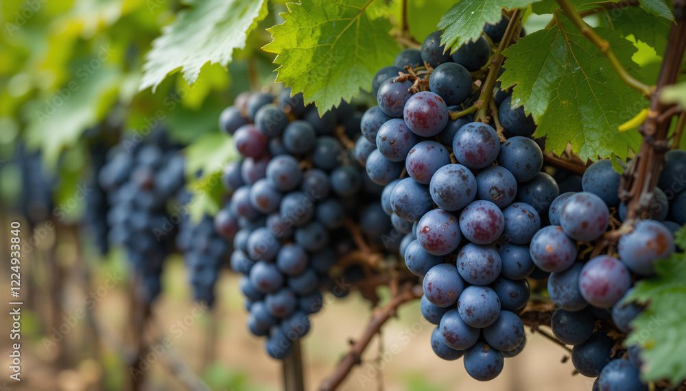 Grapes hanging from vine branches in a lush vineyard under natural sunlight. Grape day Grapes hanging from vine branches in a lush vineyard under natural sunlight. Grape day