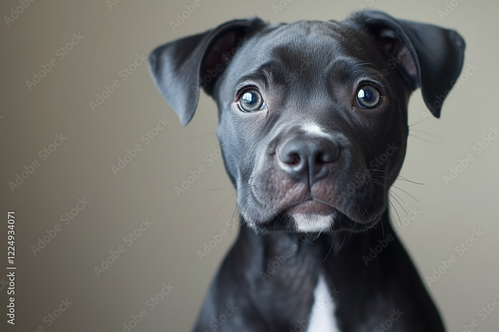 Cute black puppy American Pit Bull Terrier with white markings posing against a neutral background, celebrating national day copy space Cute black puppy American Pit Bull Terrier with white markings posing against a neutral background, celebrating national day copy space