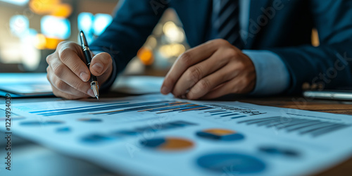 Analyzing business growth trends office space financial report professional environment close-up view data insights