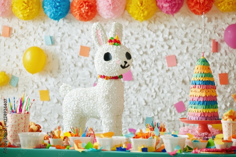 Fototapeta premium Colorful Party Decor with a Festive Llama, Bright Treats, and Whimsical Decorations for Celebration