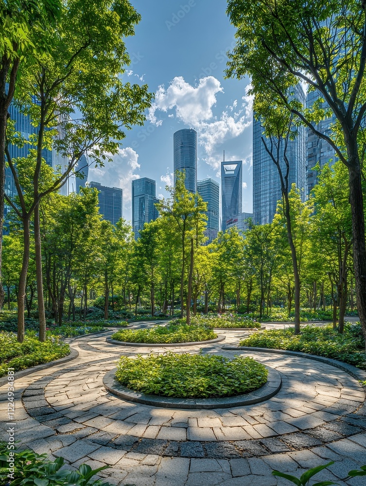 Fototapeta premium Exploring urban nature trails in shanghai park pathways scenic views lush environment serene atmosphere