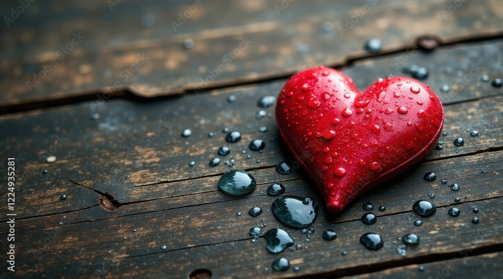 Obraz premium A crimson heart, glistening with water droplets, rests on a rustic wooden surface, evoking feelings of romance and tenderness.