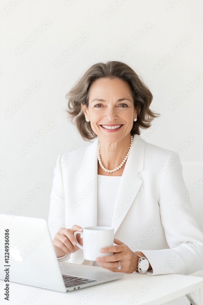 Professional woman enjoys coffee while working on a laptop in a bright, minimalist office Professional woman enjoys coffee while working on a laptop in a bright, minimalist office