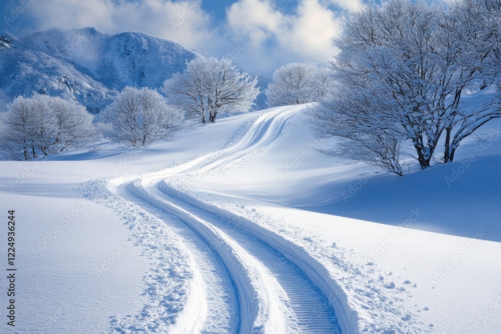 Snow-covered landscape with ski tracks winding through tranquil winter scenery in the mountains Snow-covered landscape with ski tracks winding through tranquil winter scenery in the mountains