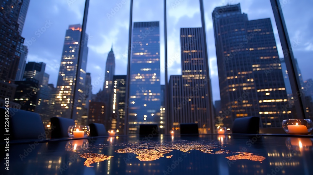 Fototapeta premium A business meeting discussing global strategies with a glowing map on the table and a city skyline in the background