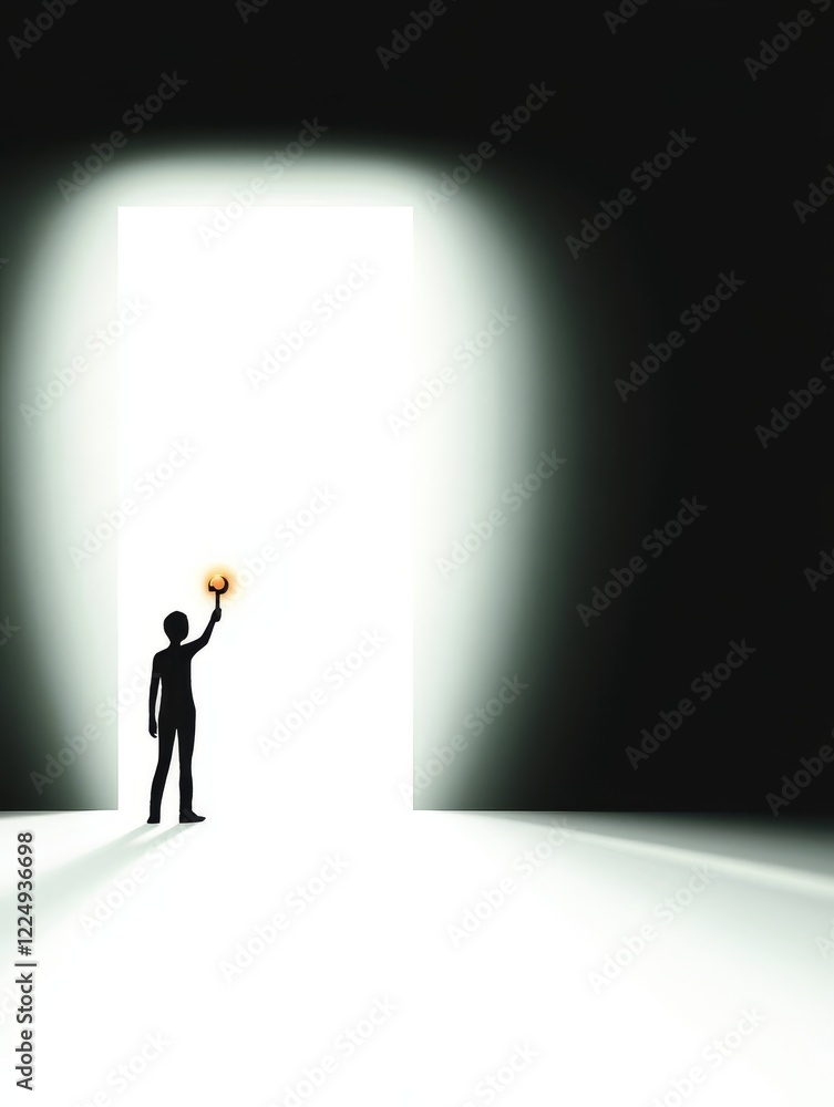Fototapeta premium Reaching for the Light - A silhouette of a person stands before a bright doorway, holding a glowing orb aloft. Symbol of hope, opportunity, or new beginnings.