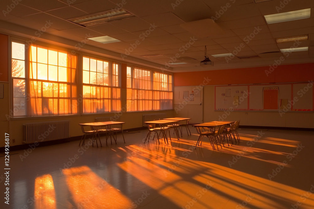 Warm sunlight streaming through classroom windows, casting shadows on empty desks during sunset Warm sunlight streaming through classroom windows, casting shadows on empty desks during sunset