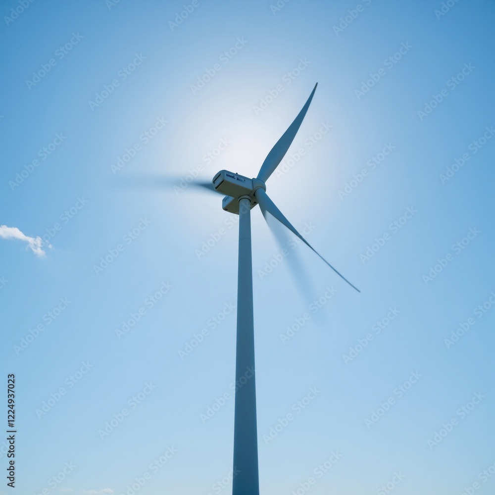 Modern wind turbine towering amidst a blue clean sky representing sustainable energy for our planet Modern wind turbine towering amidst a blue clean sky representing sustainable energy for our planet