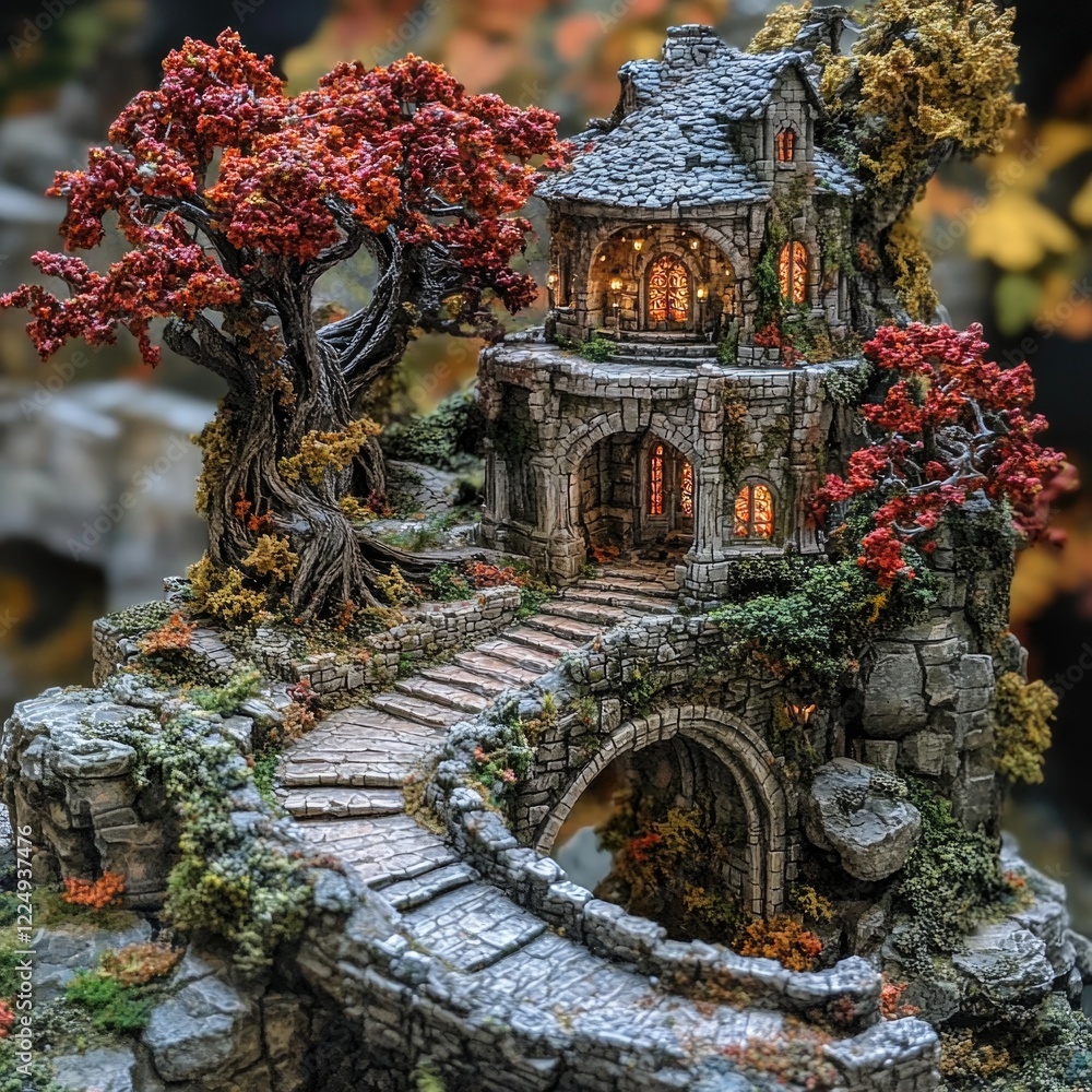 Obraz premium Intricate stone cottage surrounded by vibrant autumn trees on a winding pathway