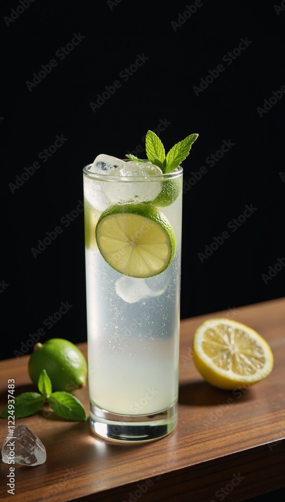 Fototapeta premium Hugo Spritz Sparkling wine elderflower syrup soda lime mint ice over a dark bar counter
