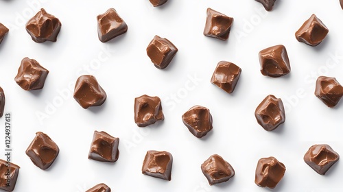 Milk chocolate pieces scattered on white background. Sweet treat, confectionery.