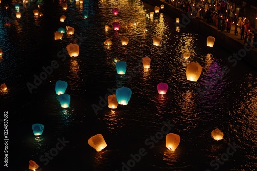 Colorful Lanterns Floating on Calm Water During Nighttime Festival Celebration Event photo