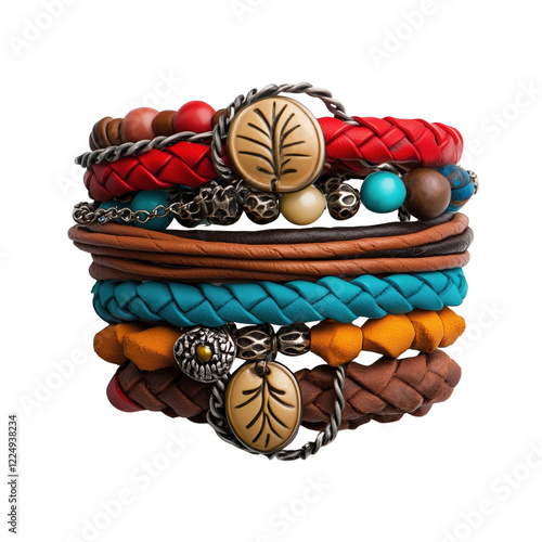 Handmade Leather Bracelets Display Artisanal Market Jewelry Photography Vibrant Colors Close-Up Craftsmanship
