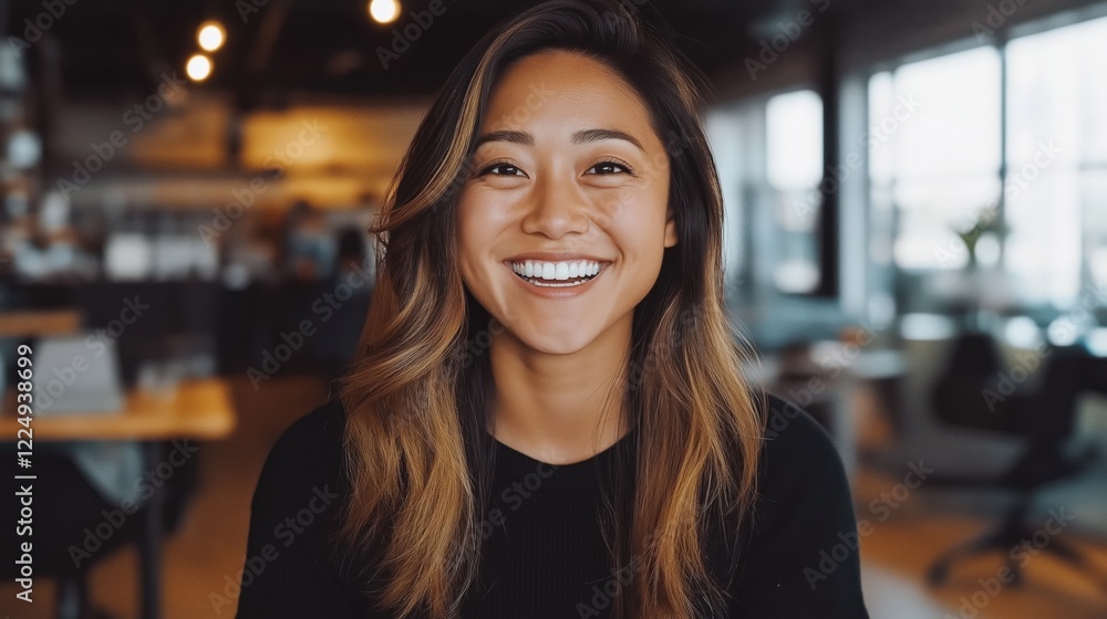 Smiling Woman in a Modern Café Setting: A Captivating Portrait of Joy and Warmth with a Scenic Background Reflecting Contemporary Life Smiling Woman in a Modern Café Setting: A Captivating Portrait of Joy and Warmth with a Scenic Background Reflecting Contemporary Life