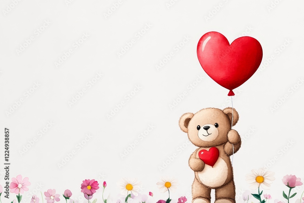 Obraz premium Watercolor Teddy Bear with Heart Balloon - Cute teddy bear, holding a heart, red heart balloon, spring flowers, romantic illustration. Symbolizing love, affection, friendship, tenderness